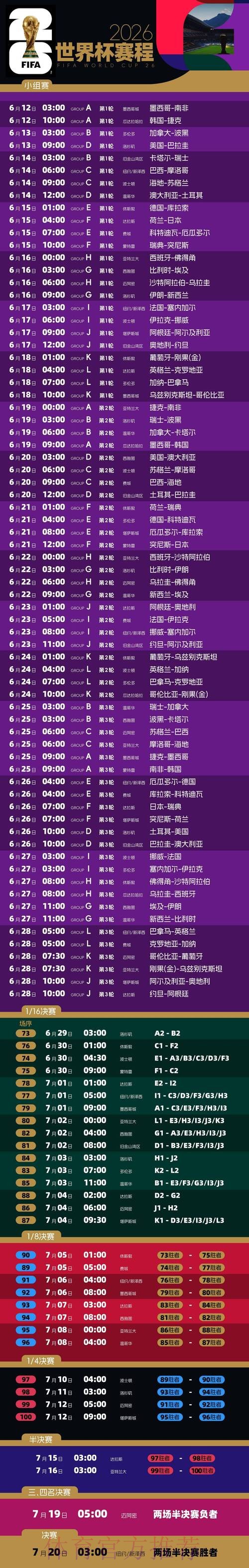 2026世界杯每日赛程高清版完整安排实时查看 2026世界杯每日赛程高清版完整安排实时查看